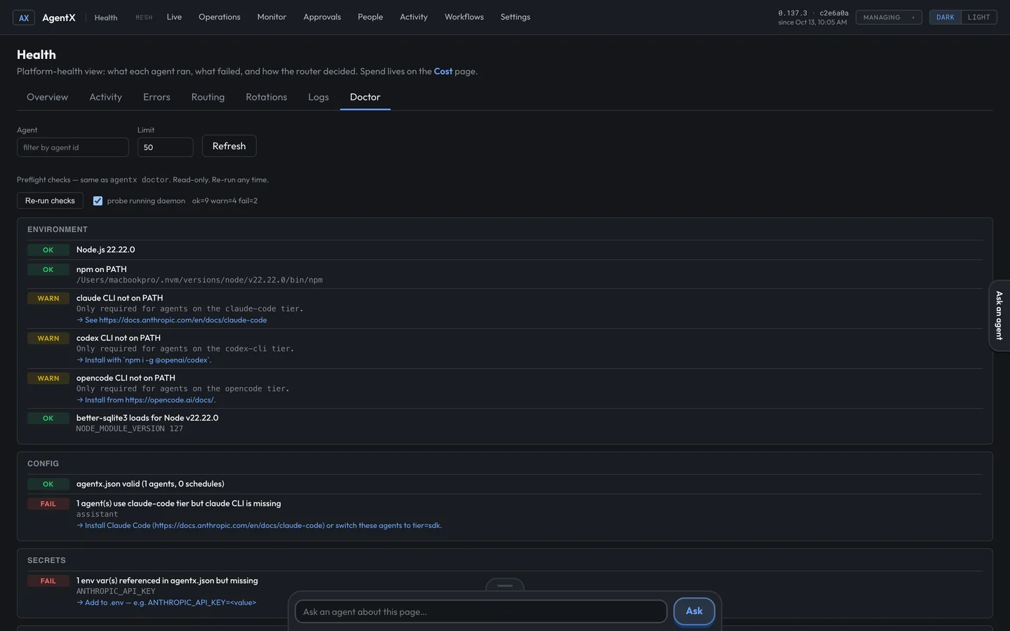 The Doctor tab of the AgentX Health page: Environment, Config and Secrets groups with OK, WARN and FAIL marks, and the summary ok=9 warn=4 fail=2